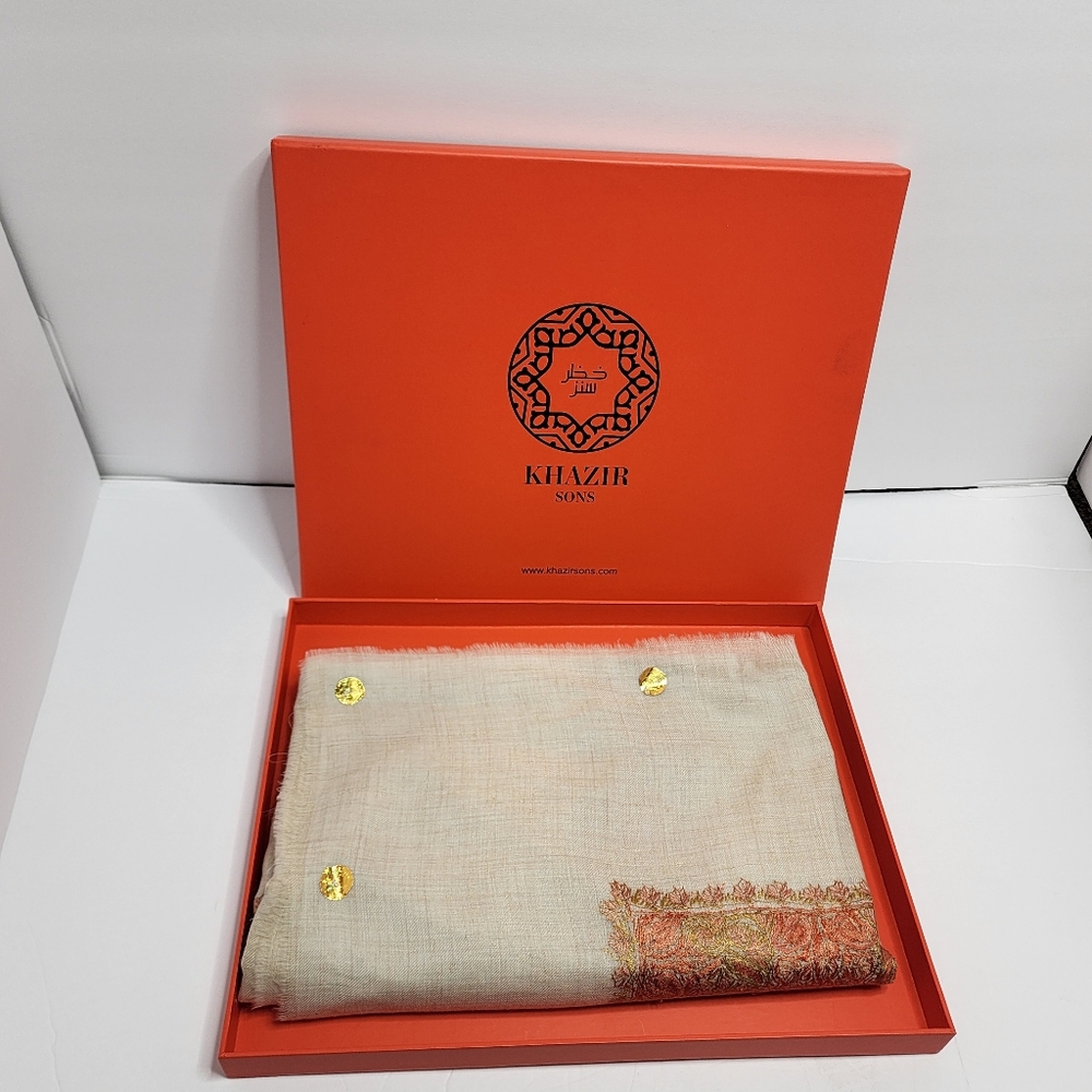 KHAZIR SONS Mens Pashima Mussar with Red/Orange & Gold Design, NEW